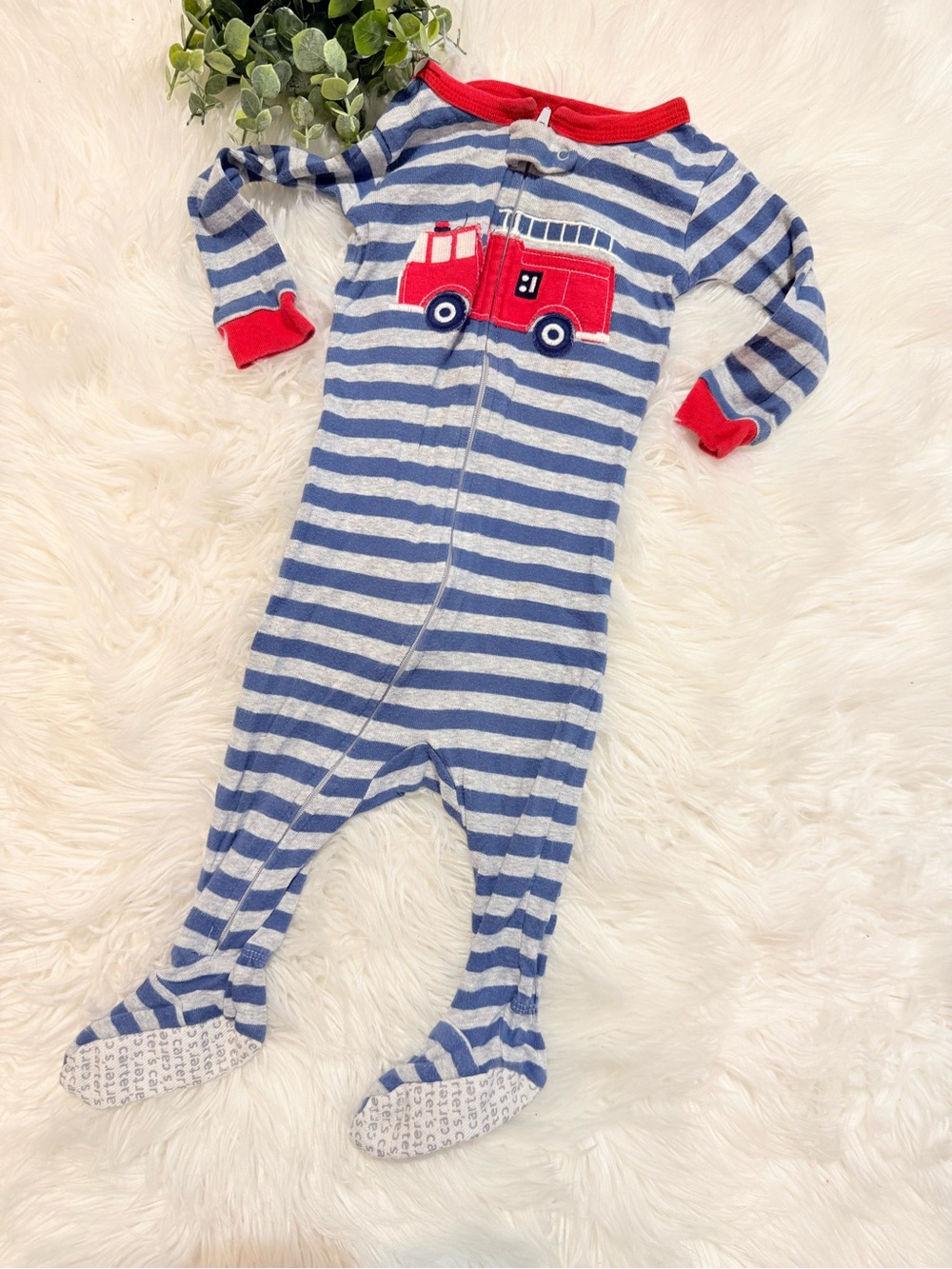 🌿10/$25 • Carter’s Striped Blue & White Fire Truck Footed Zip Sleeper